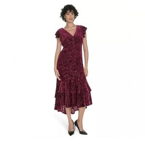 Tommy Hilfiger Burgundy Velvet Burnout Flutter Sleeve Dress Size 16